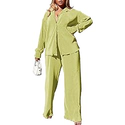 Women's Pleated Matching Sets Long Sleeve Button