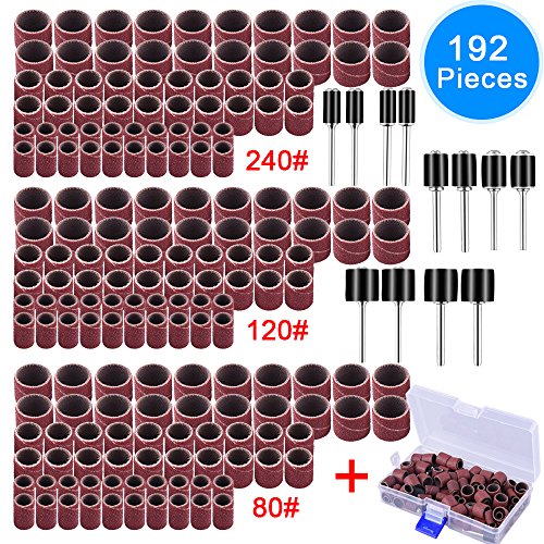 AUSTOR 192 Pieces Sanding Drum Kit with Free Box Including 180 Pieces Drum Sander Nail Sanding Band Sleeves and 12 Pieces Drum Mandrels for Dremel Rotary Tool