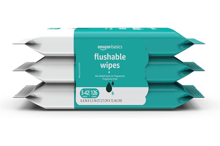 Amazon Basics Adult Wet Wipes Flushable formulated without Fragrance, 126 Count (3 Packs of 42) Packaging May Vary