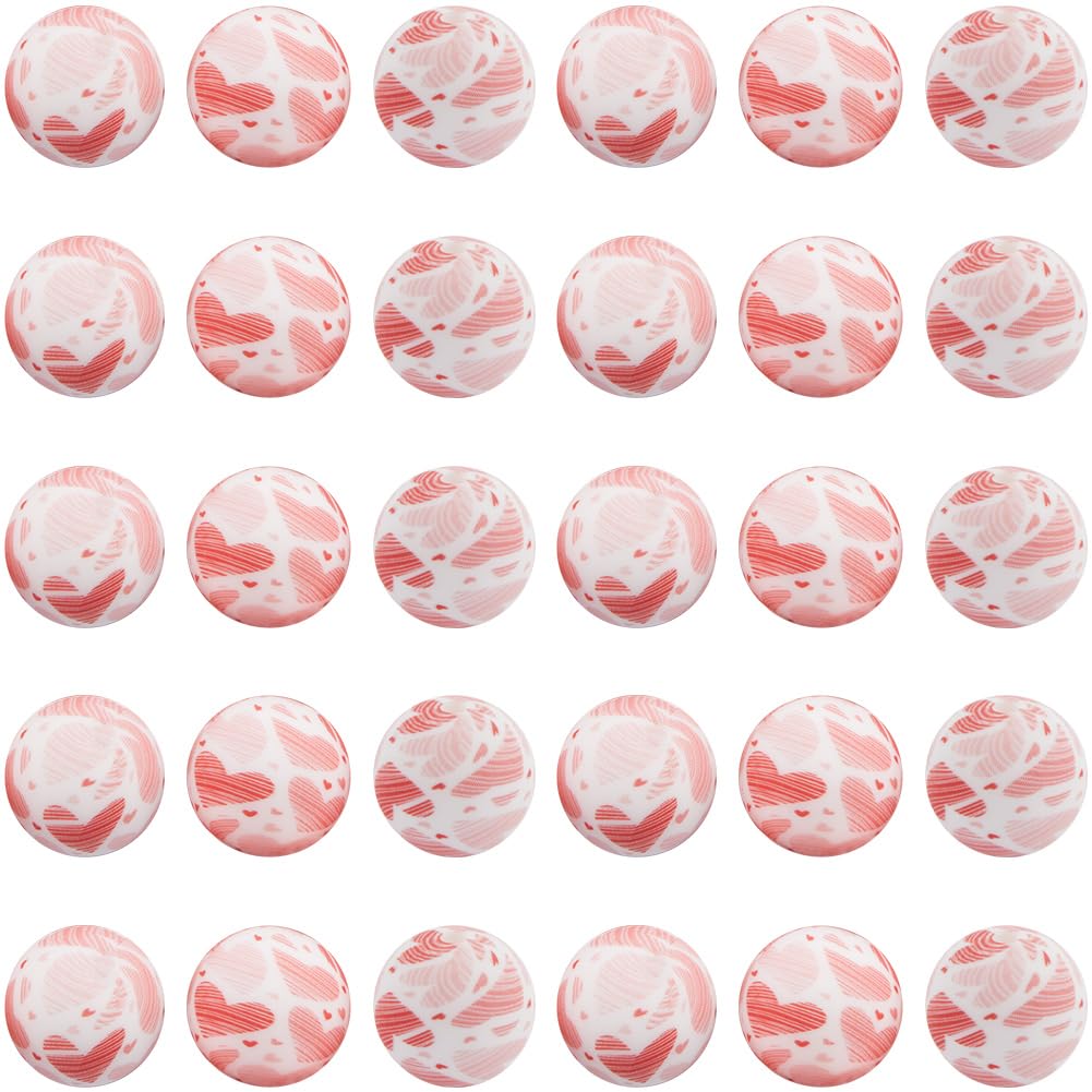 SUNNYCLUE 1 Box 30Pcs Round Print Bead 15mm Pink Printed Silicone Bead Bulk Soft Rubber Paw Flower Pattern Focal Loose Spacer Lanyard Ball Beads for jewellery Making DIY Necklace Bracelet Crafts Women
