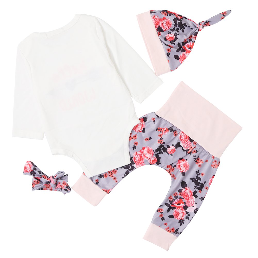 Chicolife Baby Mädchen Blumen Outfit Set Buchstaben Gedruckt Hello World Langarm Pfeil Strampler mit Blume Stirnband Hut 4Pcs