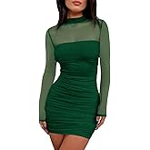 Yousify Womens Ruched Mesh Sheer Mini Dress Bodycon Sexy Mock Neck Long Sleeve Going Out Party Club Dresses