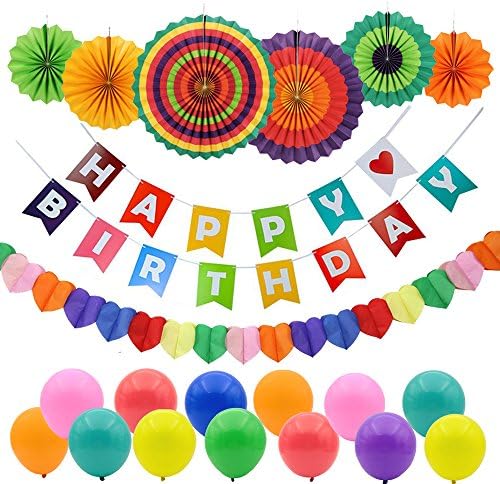 GoFriend Happy Birthday Party Decorations, Happy Birthdays Banner Garland, 6Pcs Colorful Fiesta Paper Fans, 20pcs Latex Party Balloons and 1 Heart Shape Rainbow Paper Garland, Party Supplies