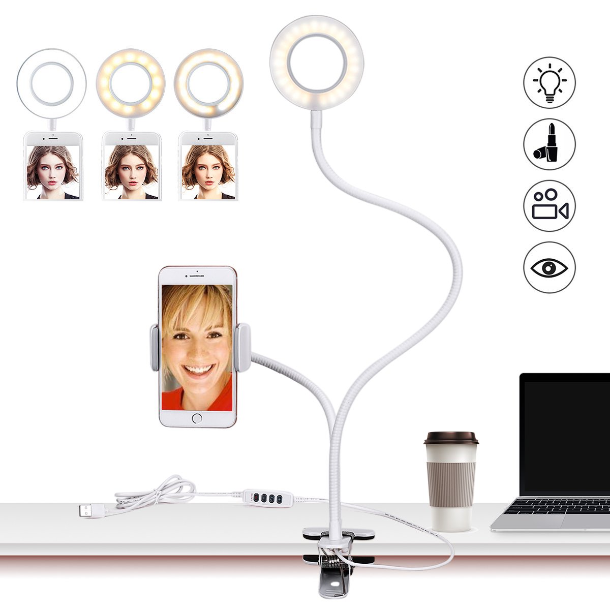 Reeple Selfie Ring Lamp Cell Phone Holder 48 LED Lamp for Live Stream Makeup, Flexible Mobile Phone Clip Holder Lazy Bracket Desk Lamp for Bedroom, Office, Kitchen, Bathroom