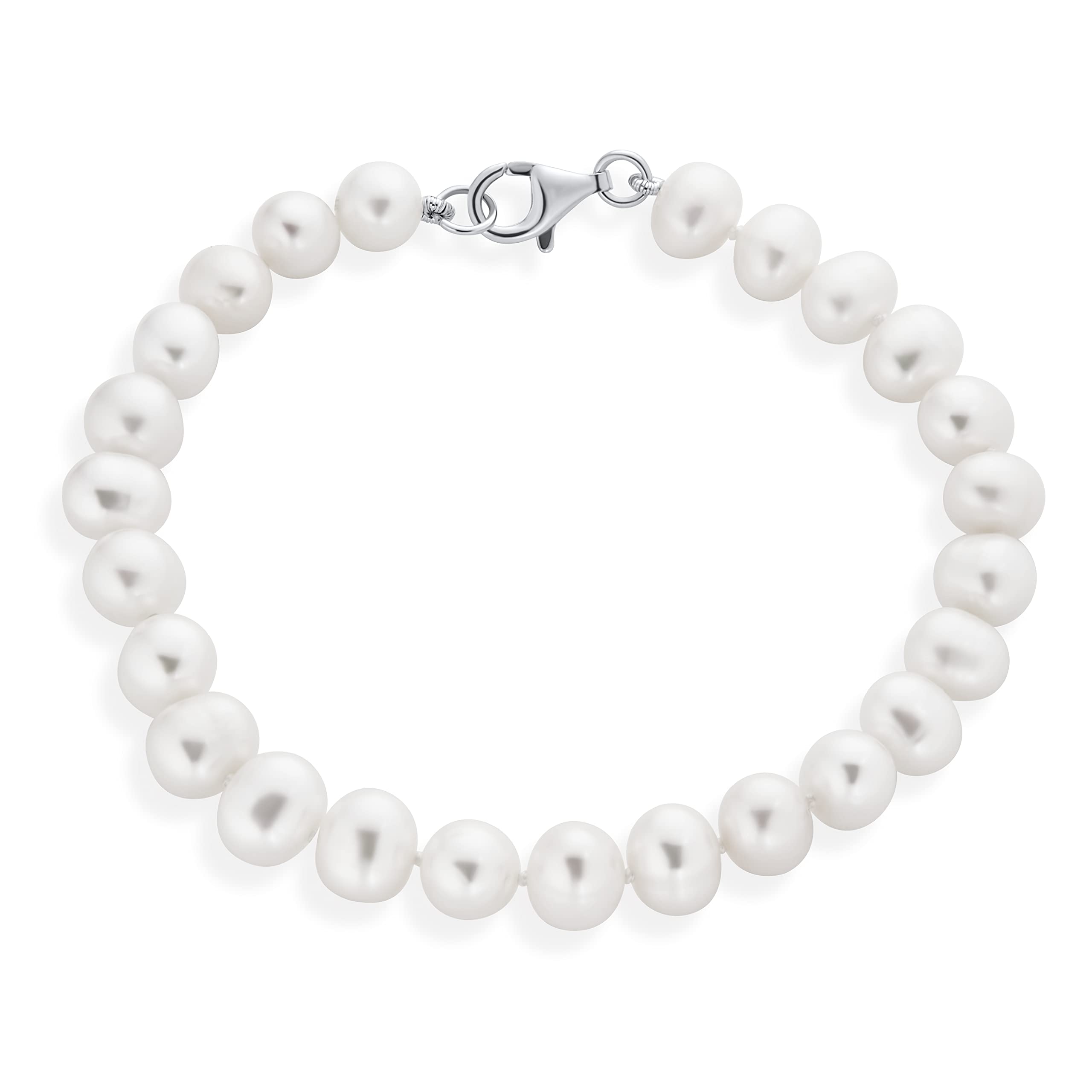 Bling Jewelry Traditional Classic Simple Bridal Genuine 7.5-8 MM White Freshwater Cultured Pearl Hand Knotted Strand Bracelet For Women For Teen .925 Sterling Silver 7 Inch