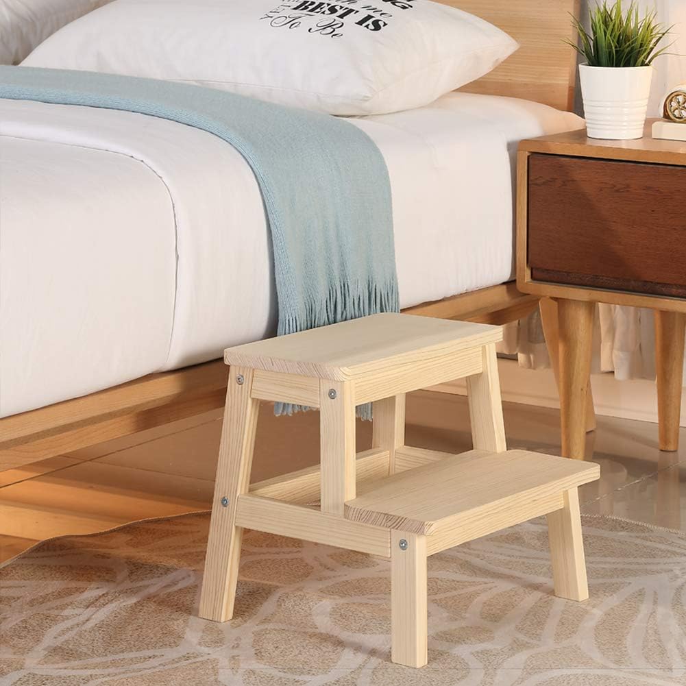 HOUCHICS Wooden Step Stool for Adults Kids, Solid Wood Bed Step Stool, Multi-Purpose 2-Step Stool for Kitchen, Bed, Bathroom with 260lb Load Capacity