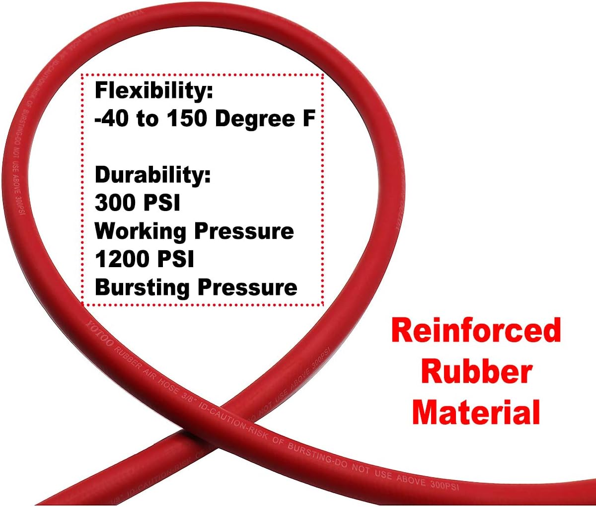 YOTOO Rubber Lead-in Air Hose 3/8-Inch by 6-Feet 300 PSI Heavy Duty, Kink Resistant, All-Weather Flexibility with 1/4-Inch Brass Male Fittings, Bend Restrictors, Red - - 