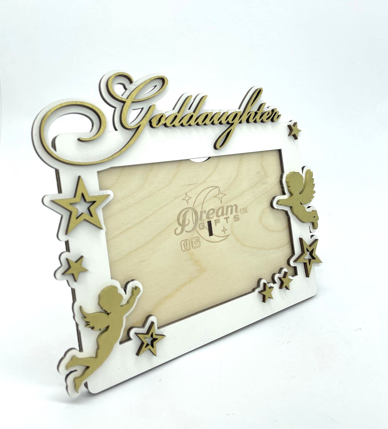 Goddaughter Hand Made Baby Gift Idea Wooden Photo Frame for Tabletop or Wall (Gold)