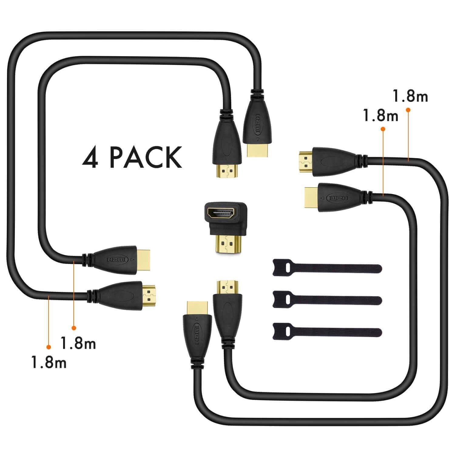 Perlegear HDMI Cable 4 Pack - 6ft High Speed HDMI Cables - Useful 90 Degree Adapter - Long Lasting & Durable - Supports TV, 1080P, 3D, HDTV, Xbox, PS4, Wii, Ethernet, Computer
