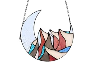 BOXCASA Mountains with Crescent Moon Stained Glass Window Hanging,Moon Mountain Decor Birthday Gifts for Men Adventure Hiking,Camping,Farmhouse Living Room Bedroom Decoration …
