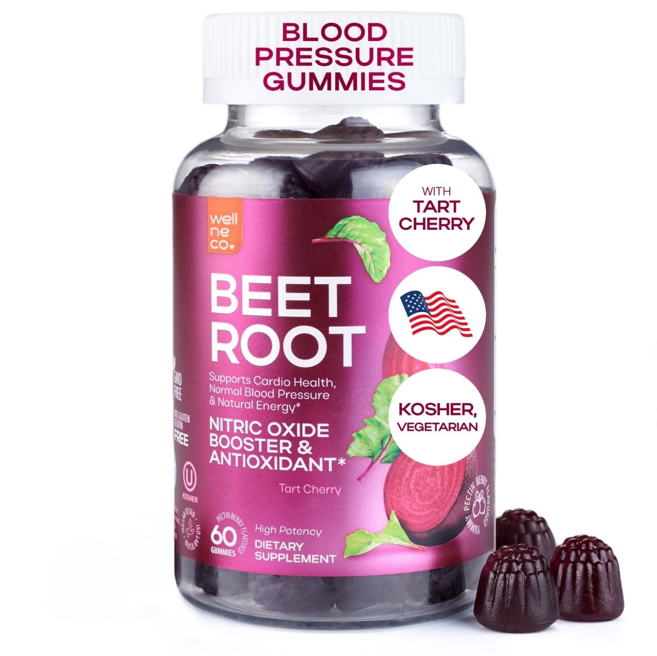 Beet Chews for High Blood Pressure - Beet Root Gummies Made in USA with Tart Cherry - Nitric Oxide Supplements for Energy and Cardio Health - Vegan, No GMO, Pectin Based - for Women and Men, 60 Pcs