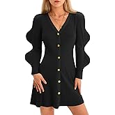 Wenrine Womens Puff Long Sleeve Sweater Dress Casual Button Down V Neck Ribbed Knit A Line Party Fall Mini Dresses