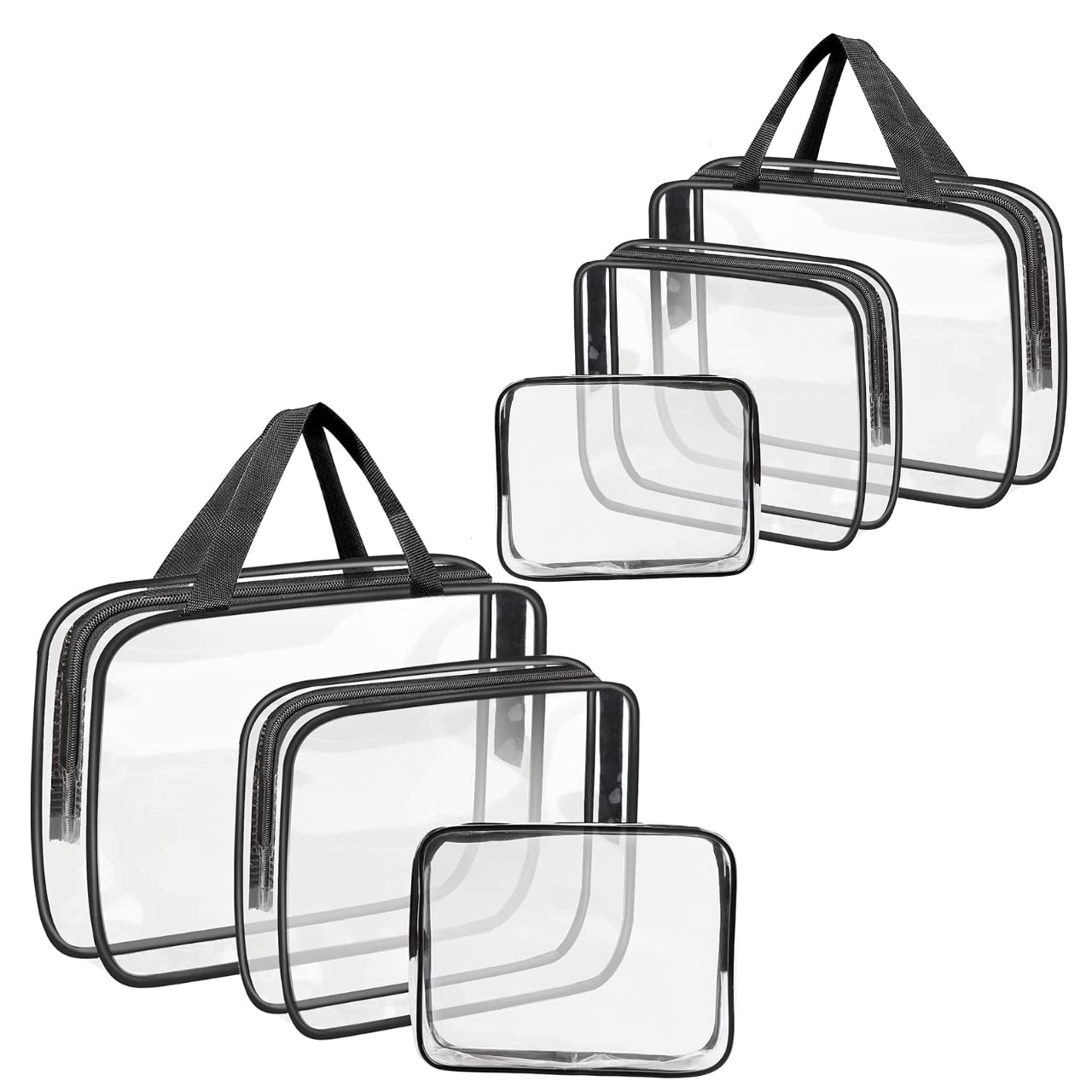 Clear Travel Toiletries Bag Set GLAMZA® Travel Toiletry Bag Set of 6 PVC Bags for Men & Women - Inc x2 Small, x2 Medium & x2 Large - Ideal Wash Bag Set for Cosmetics, Make Up & Toiletries (Black)