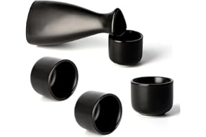 Handmade Durable Ceramic Japanese Sake Set 1 Tokkuri Bottle & 4 Ochoko Cups (Black)