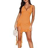 Pungdra Womens Sexy Deep V Neck Mini Dress for Women Y2K Side Slit Going Out Cocktail Wedding Party Ruffle Short Dresses