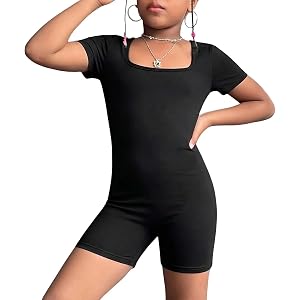 Girls Square Neck Romper Short Sleeve One Piece Jumpsuit Stretch Knit Active Outfit Gymnastics Dance Yoga Casual