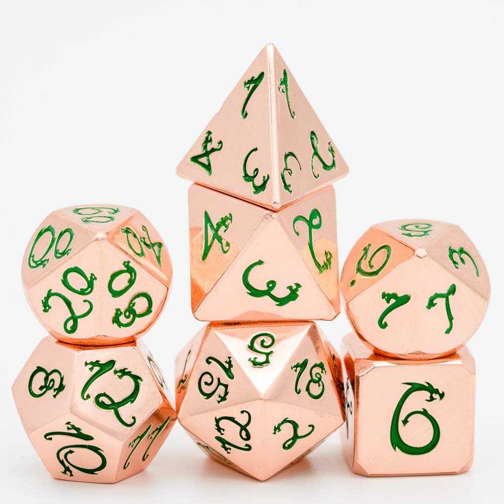 Cusdie Metal Dice with Metal Box, 7 PCs DND Dice, Polyhedral Dice Set with Dragon Font, for Role Playing Game Dungeons and Dragons D&D Dice MTG Pathfinder Math Teaching (Red Copper with Green Numbers)