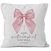 VRW Coquette Pink Bow Christian Throw Pillow Covers 18x18, God Is Within Her She Will Not Fall Bible Verse Decorative Pillow Covers for Girls Room Bedroom Dorm, Preppy Accent Pillows Cover Pillowcases