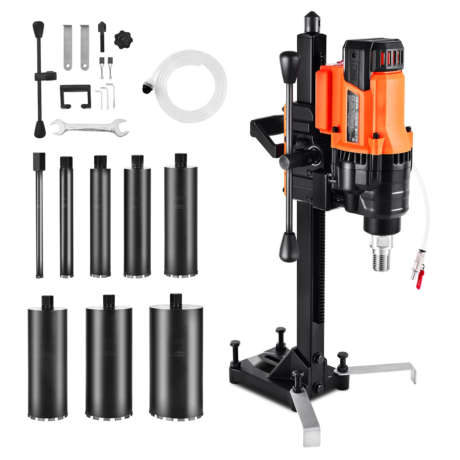 Photo 1 of VEVOR Diamond Core Drilling Machine, 0.8-8 in Drilling Diameter, Stand-Mount Dry and Wet Concrete Core Drill Rig with 8 Drill Bits, 800 RPM Speed, UNC1 1/4-7 Thread, for Concrete Brick Stone, 3000W