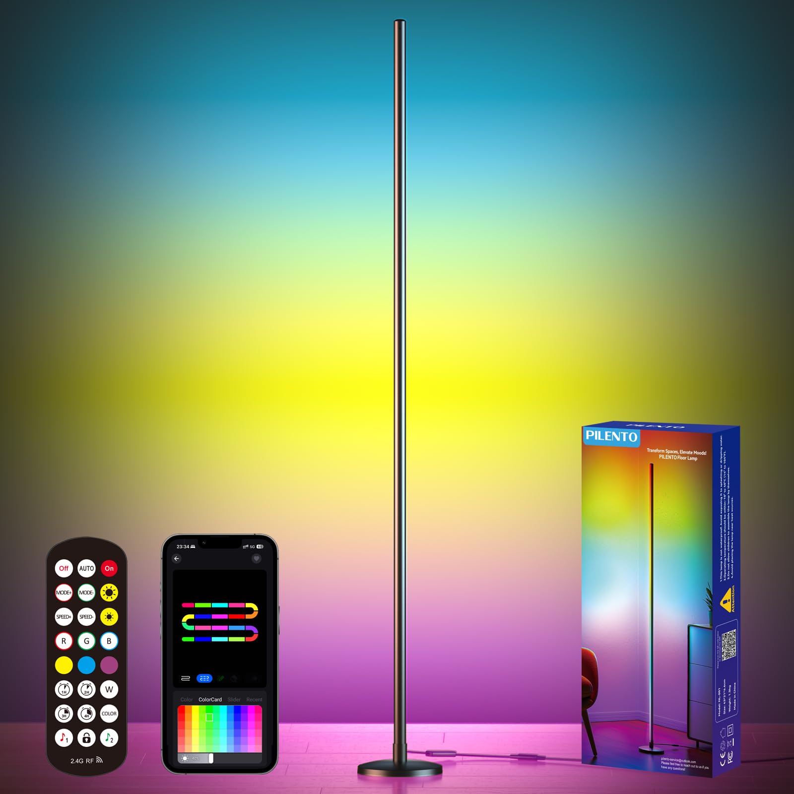Photo 1 of PILENTO RGB LED Corner Floor Lamp with Music Sync and 16 Million DIY Colors, Color Changing Modern Smart Standing Lamp with APP and Remote Control, Ambient Light for Bedroom, Living Room & Gaming room