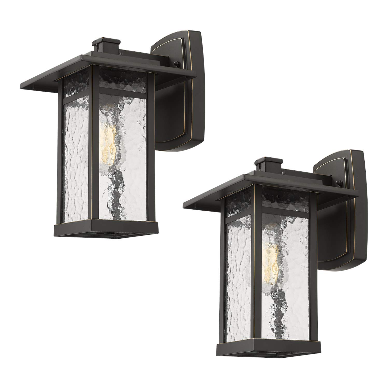 Outdoor Wall Light Sconce Beionxii 2 Pack Exterior Lighting Fixture 13.6-Inch Height, Oil Rubbed Bronze Finish with Water Ripple Glass - A268 Series