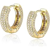 Men's Women's Elegant Luxury Fashion Round Circle Fully Iced 5A Cz Yellow Gold Plated 925 Sterling Silver Cubic Zirconia Huggie Small Hoop Earrings Gifts For Men Women