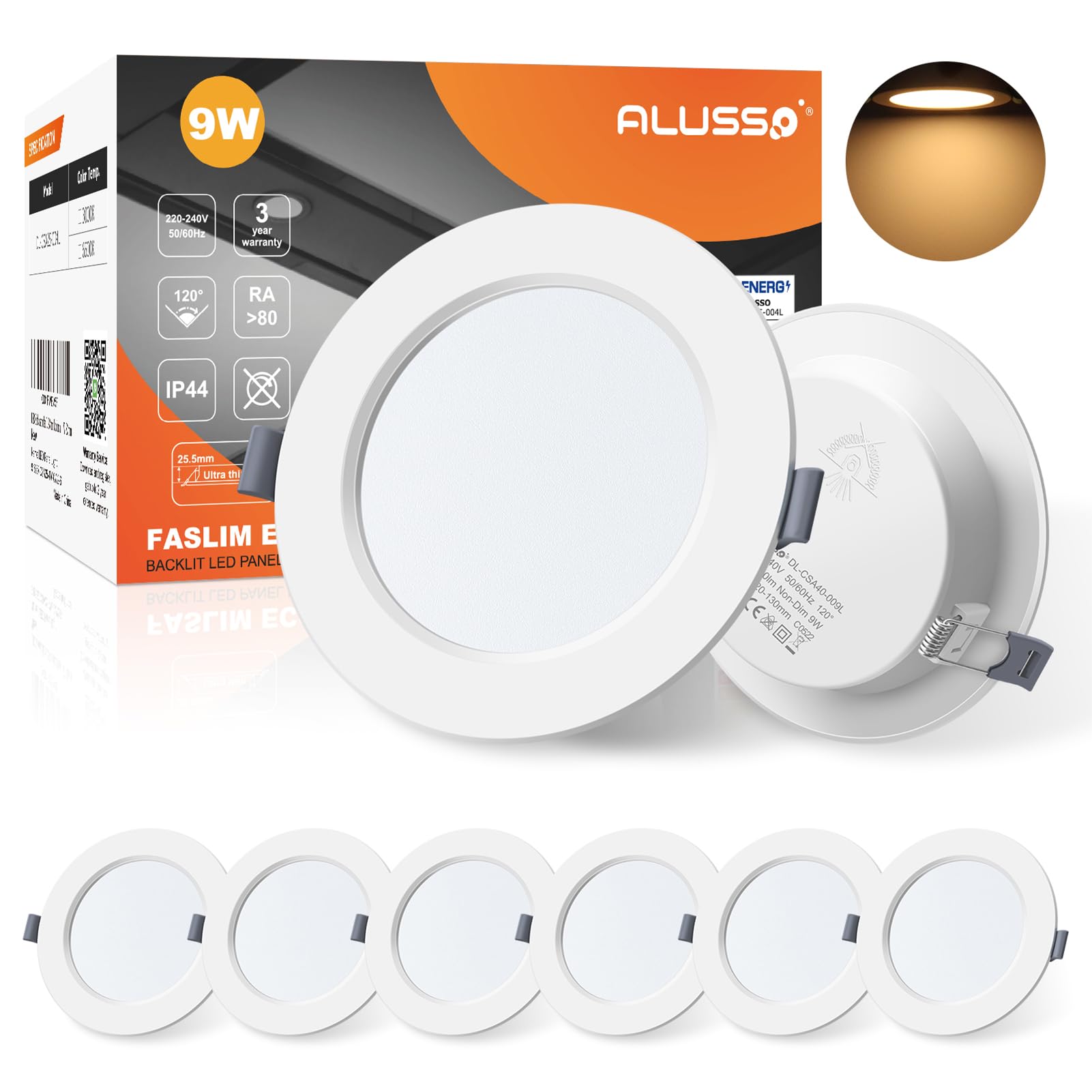 ALUSSO LED Downlights for Ceiling 9W Ultra Slim LED Recessed Ceiling Spot Lights 3000K Warm White IP44 Waterproof Spotlights Ceiling Lights for Bathroom Kitchen Living Room, 6 Pack