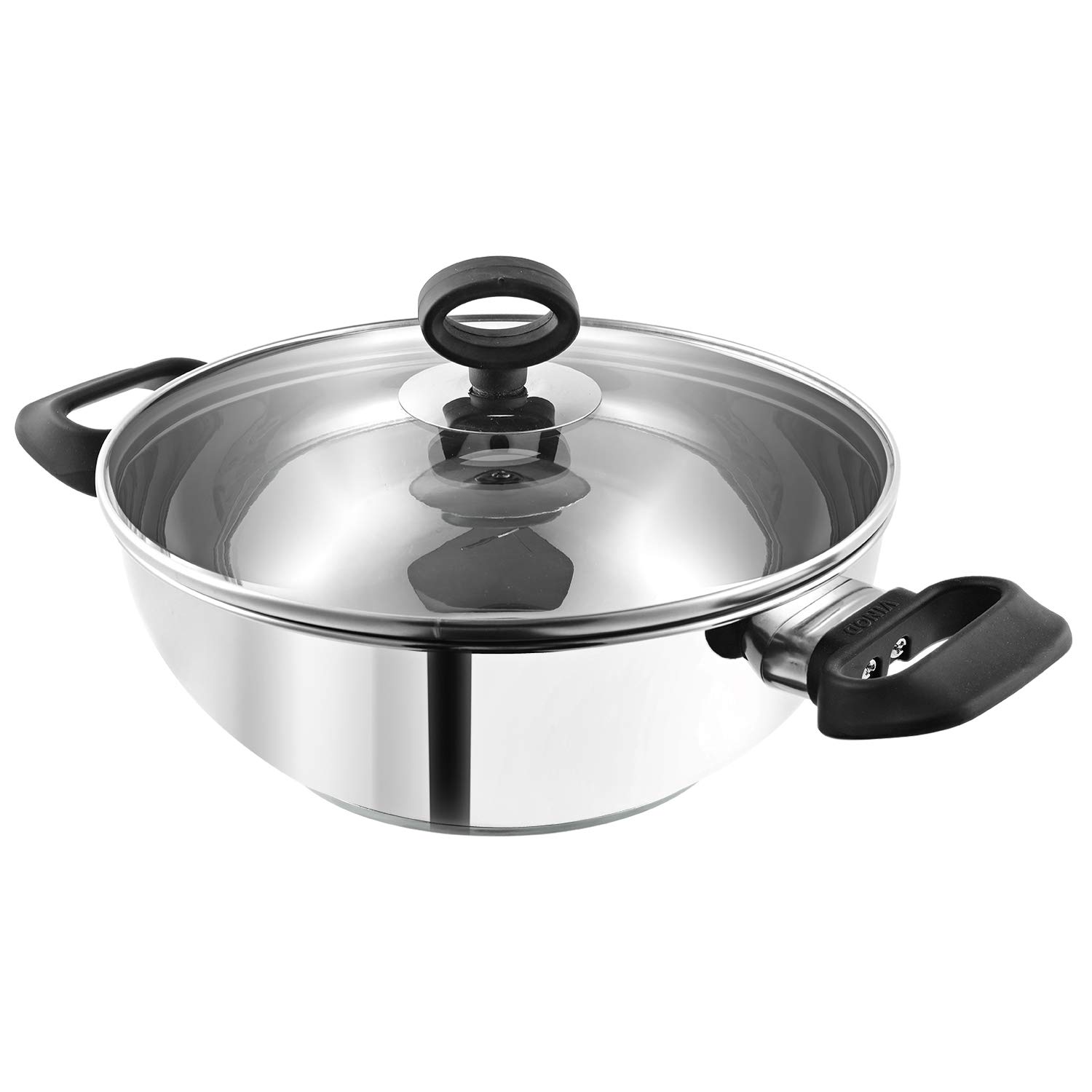 Vinod Stainless Steel Deluxe Kadai with Glass Lid – 24cm, 2.8L | SAS Heavy Bottom | Induction Compatible Wok | Soft Grip Handles | Ideal for Stir-Frying, Curries, & Deep-Frying – Silver