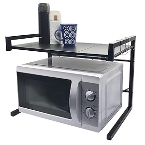 Whifea Microwave Oven Rack Kitchen Storage Organizer Width Adjustable Black Cabinet Shelf (Matte Black)