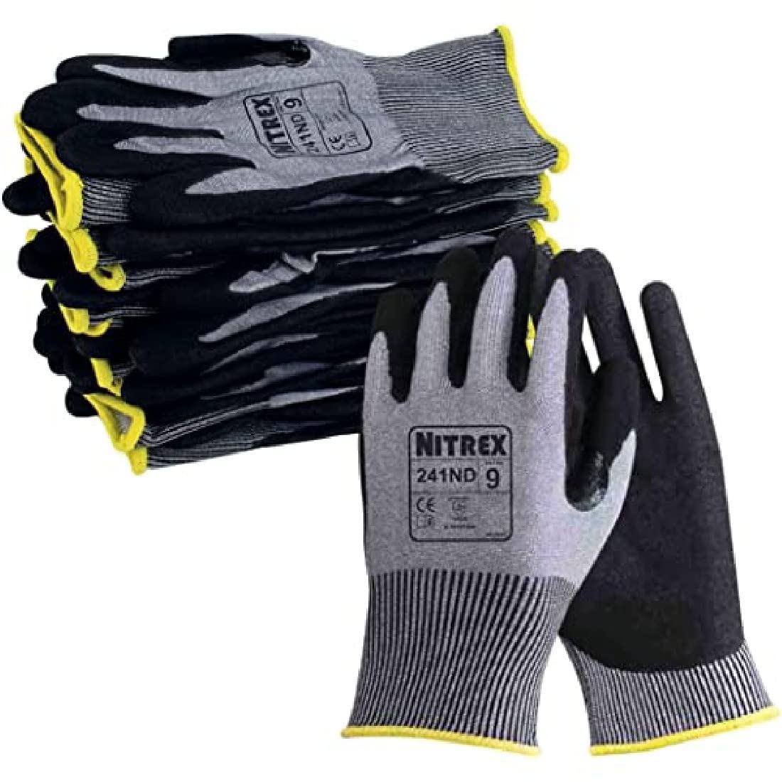 Nitrex 241ND Work and Safety Gloves, Bag of 10 Pairs, Size 11 - D Rated Cut Resistant Gloves with a Sandy Nitrile Palm Coating