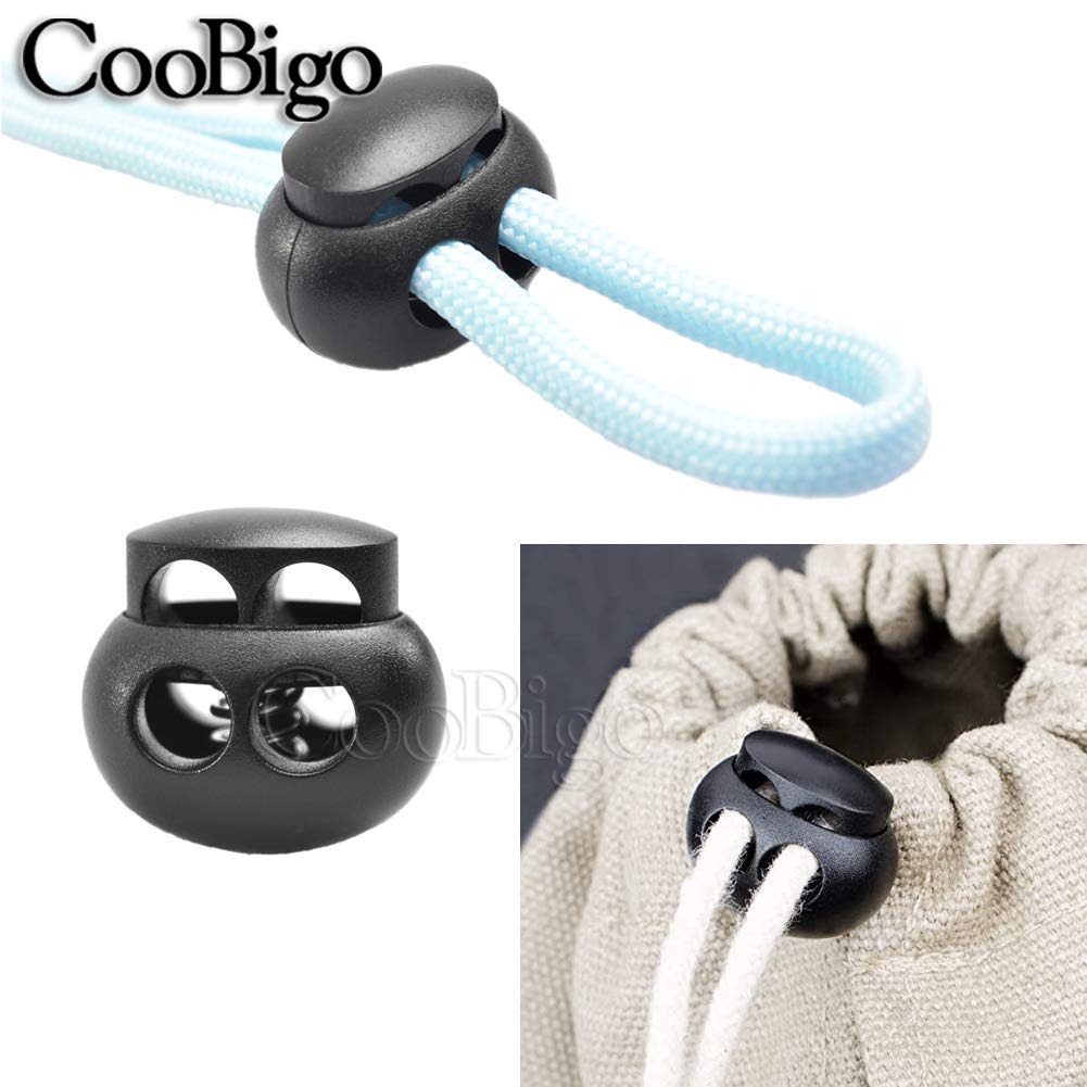 25pcs Spring Cord Lock End Stopper Fastener Slider Toggles Clip Double Hole Round Plastic for Drawstrings Lanyard Paracord Elastic Bungee Shock Cord Rope Shoe Lace Tie Locks Shoelace Lace Lock