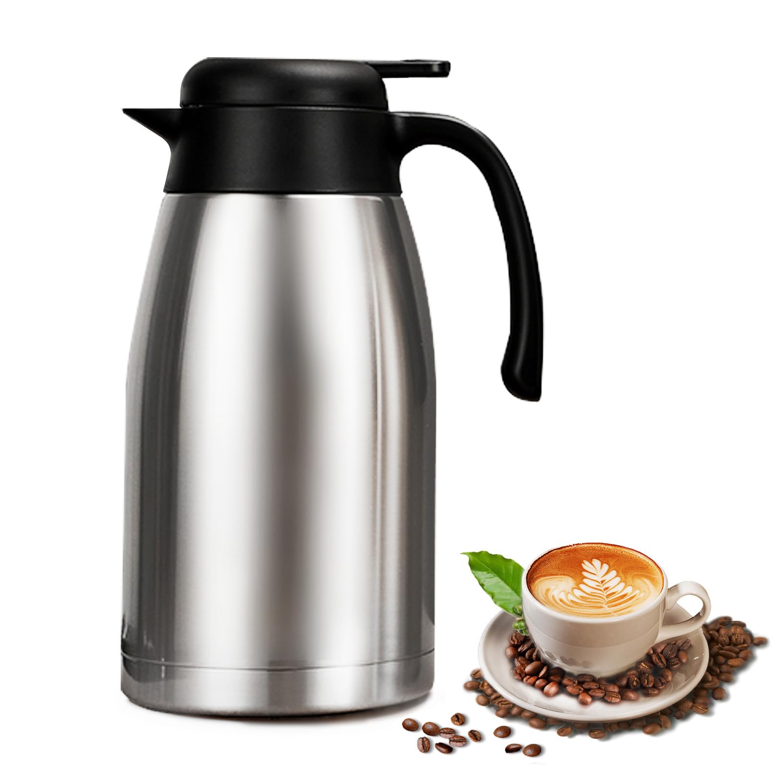 2.2L Thermal Coffee Carafe Jug, Insulated Coffee Pots,Double Walled Vacuum Insulated Jugs with Press Button Top, Stainless Steel Thermal Tea Carafe Flask for Hot and Cold Drinks-Stainless Steel — image 1