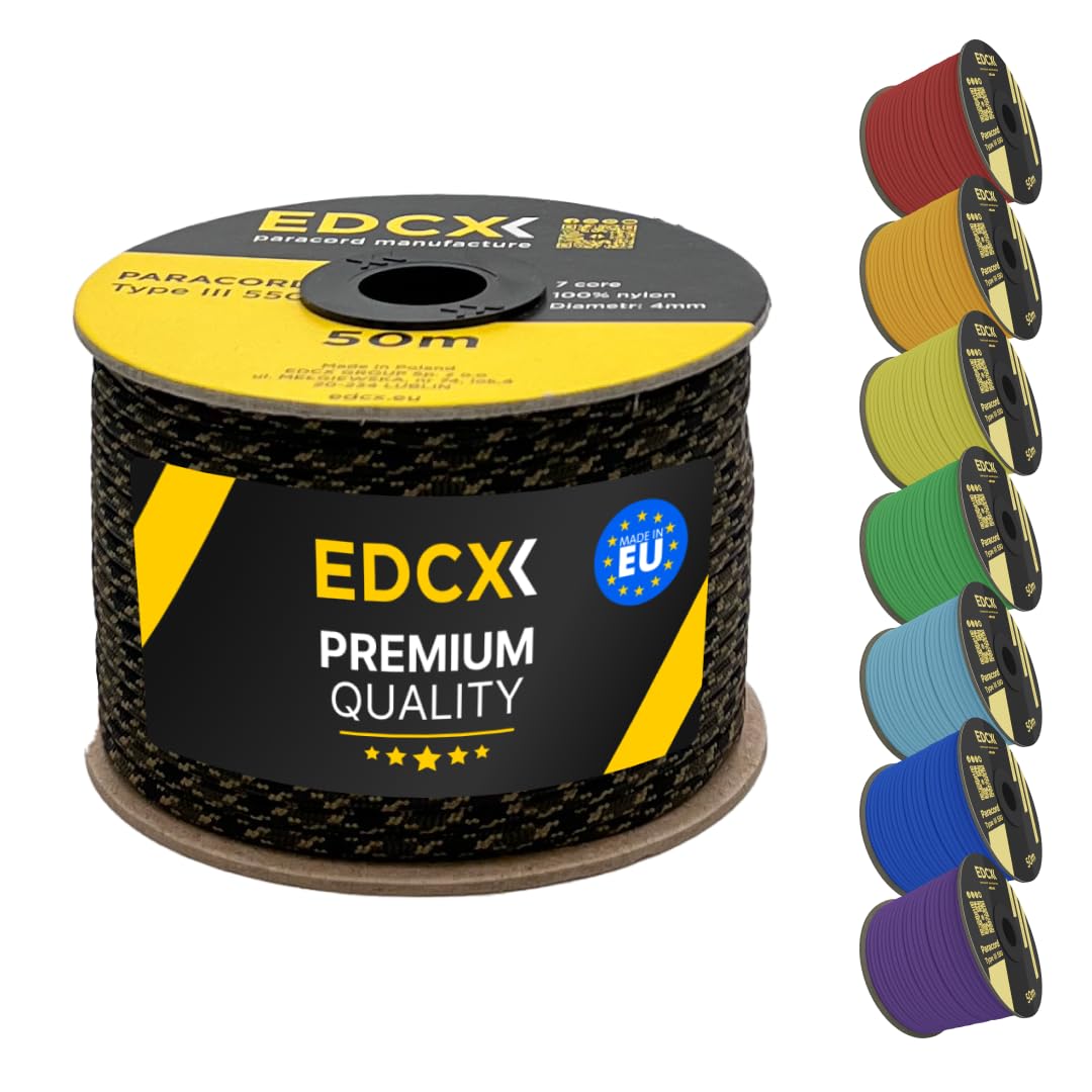 EDCX 4mm Nylon Paracord 550 50m (165 feet) | Ideal for Camping, Survival, Outdoor, Crafting, DIY | 100% Nylon Rope 4mm | Paracord 550 Type III in Solid Color (Veteran, 50 m)