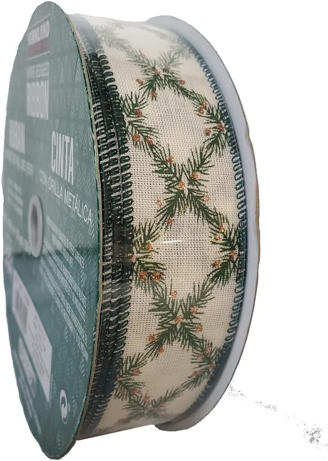 Bows & Ribbons - Kirkland Wire Edged Holiday Cream with Green Garland Ribbon 50yd X 1.5in