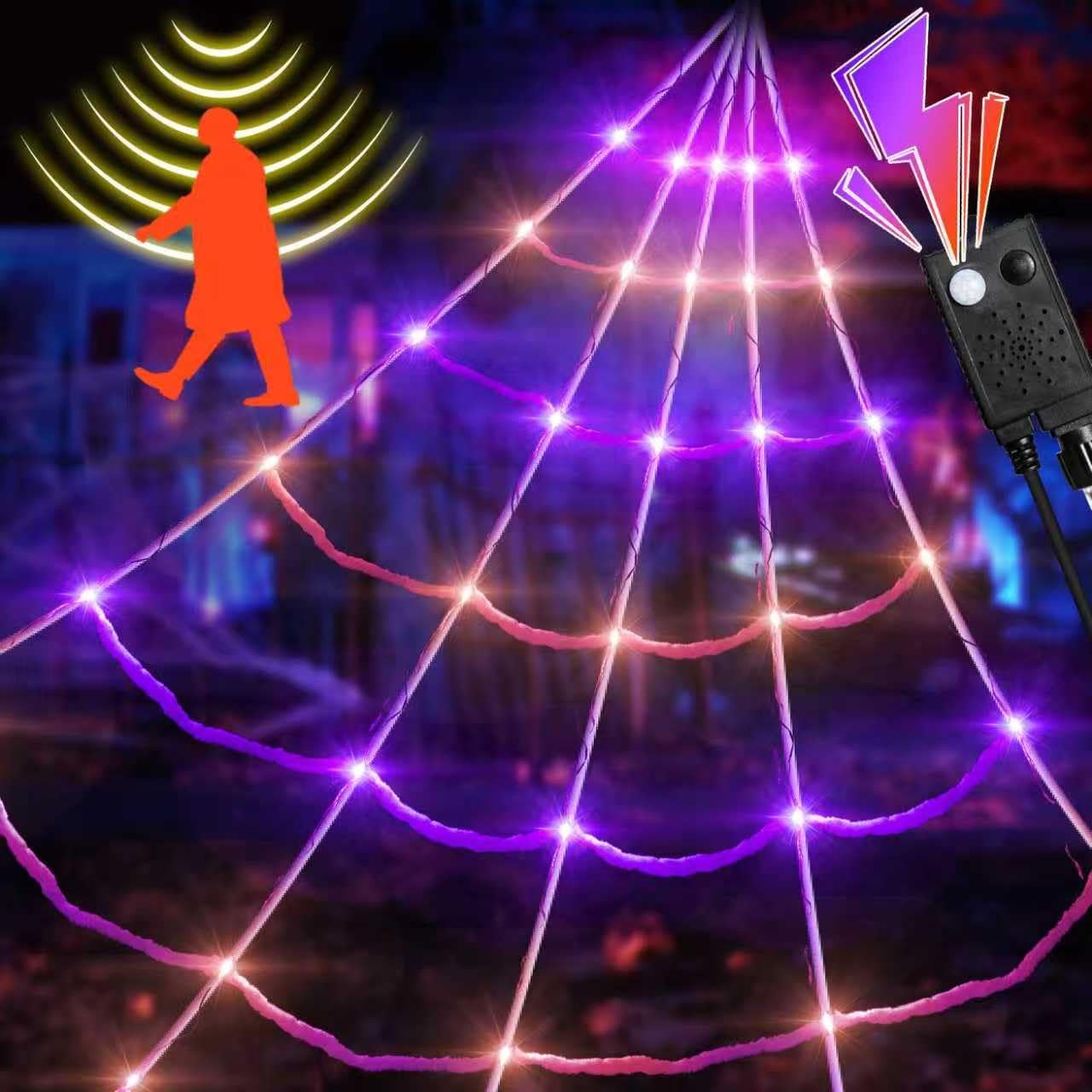 Photo 1 of [Motion Activated Lighting&Speaking] 20 * 17FT Halloween Spider Web 150 Led Purple&Orange Lights Light Up Lighted Triangular Giant Waterproof with 200sqft Cobweb for Outdoor Decor Yard Decoration