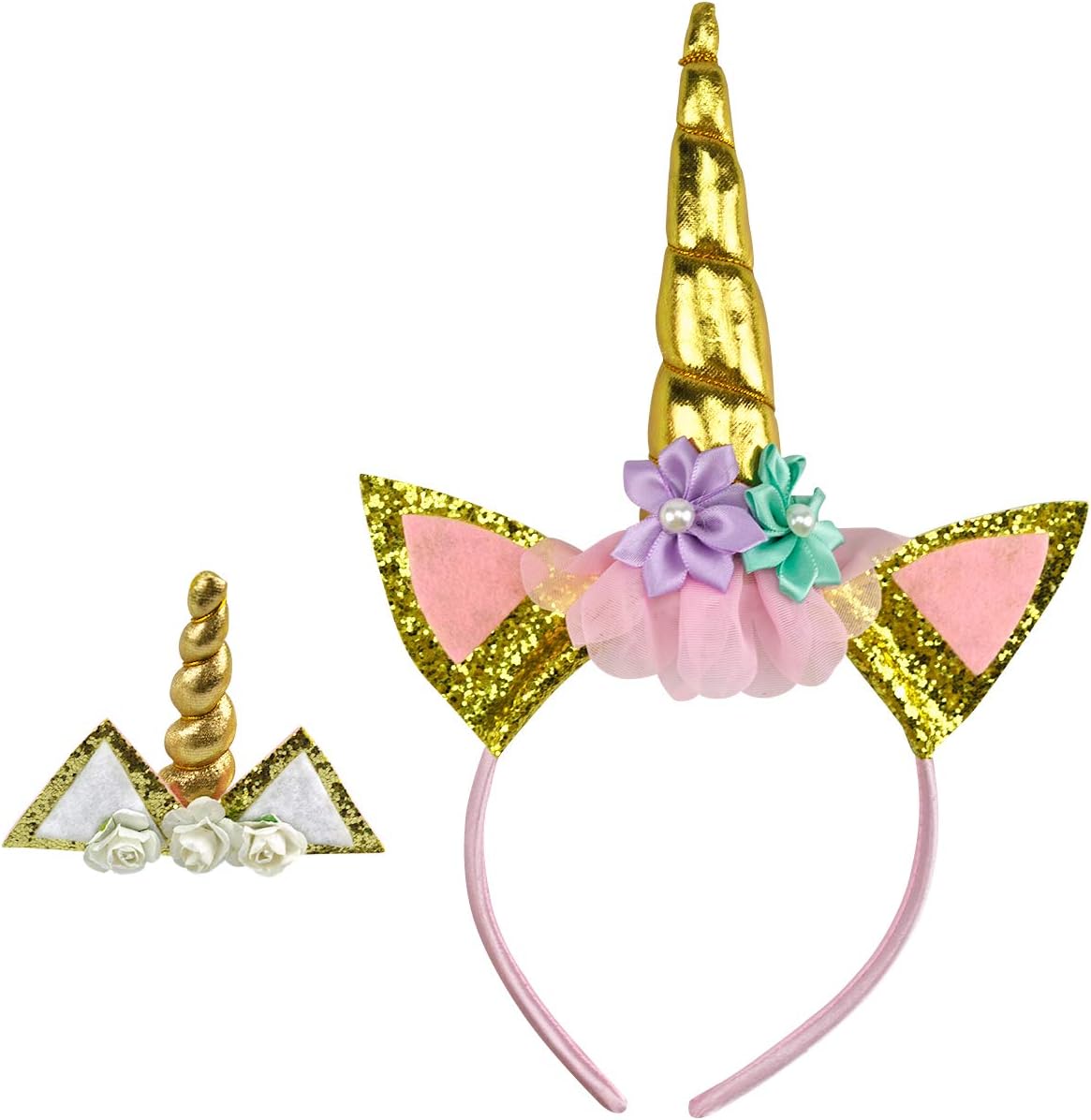 2 Pcs Unicorn Headband Gold Horn+Unicorn Hair Clip for Unicorn Party Supplies Flowers Cat Ear Head Bands - Girls Unicorn Themed Birthday Party Outfits, Cosplay Costume