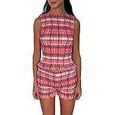 Women 2pcs Smocked Ruffle Shorts Pajamas Set Sleeveless Round Neck Plaid Print Crop Top Elastic Waist Shorts Lounge Set
