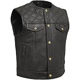 First Mfg Co - Mens Motorcycle Leather Vest, 3" Shorter Club Style Vest, Rolled Collar, Double Diamond Stitch, YKK Zippers