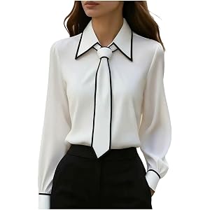 Womens Satin Tie Collar Long Sleeve Formal Work Shirt Top | Silky Smooth Satin Fabric for Woman, Contrast Trim Fitted Silhoue