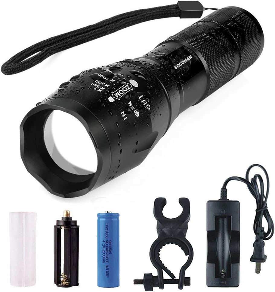 SOCOMAN Super Bright Tactical LED Flashlight, 5 Modes 800 Lumens Adjustable Focus Waterproof Flashlights Torch for Outdoor Sport, Black