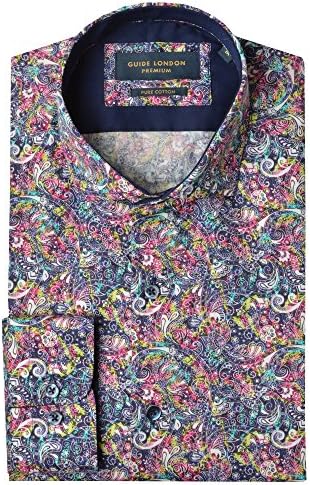 Guide London Men's Cotton Sateen Paisley Shirt Multi Coloured L