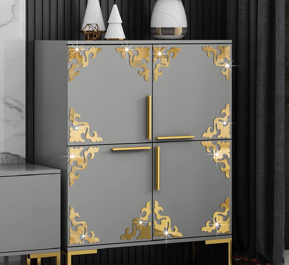 Neukids 16 Pieces Wall Stickers, Acrylic Mirror Wall Sticker, Golden Hollow Flower Decal Living Room Bedroom Kitchen Decor, DIY Furniture Corner Decoration Wall Art
