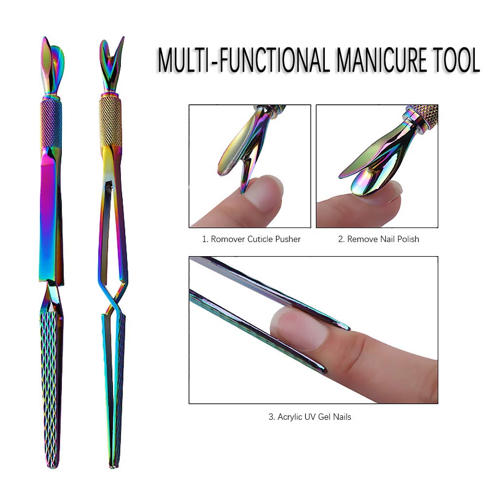 SILPECWEE 1 Pcs Colorful Stainless Steel Nail Art Pincher Cuticle Pusher False Nail Shaping Tweezers Multi-Function Manicure Tools : Beauty