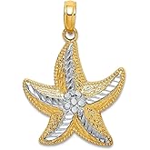 JewelryWeb 14k Gold 19mm D C Small Sea shell Nautical Starfish Two-color Charm Pendant Necklace for Women