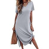Dyexces Women Summer T Shirt Dress Casual Short Sleeve V Neck Maxi Dresses Loose Side Slit Long Tshirt Dress with Pockets