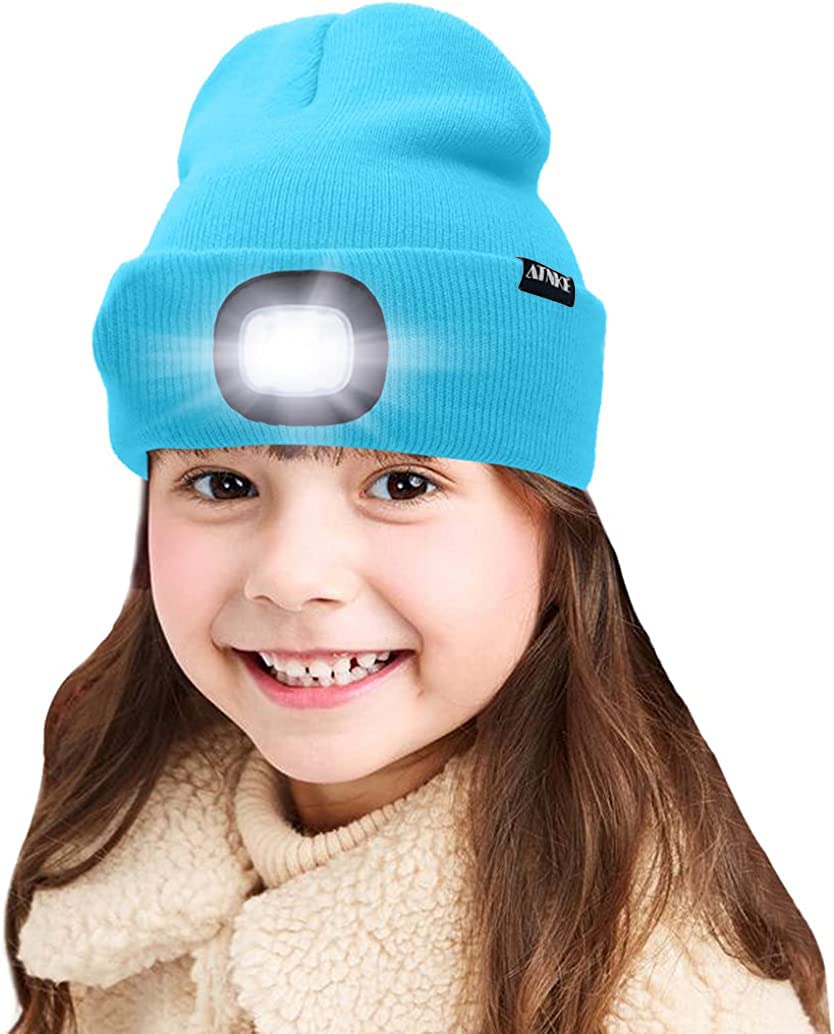 ATNKE Kids LED Lighted Beanie Cap, USB Rechargeable 4 LED Headlamp Waterproof Winter Warmer Knit Night Hats with Light for Boys Girls/Sky Blue — image 1
