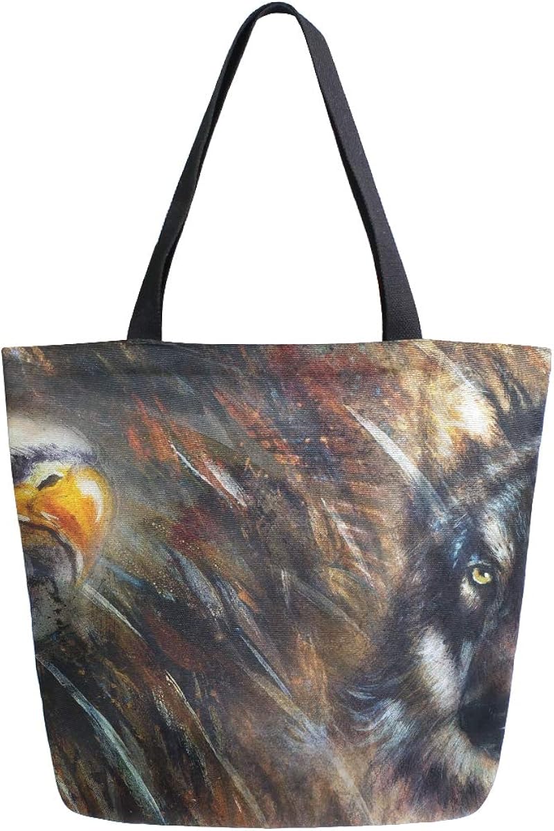 Canvas Art Bag Wolf And Eagle Color Painting Feathers