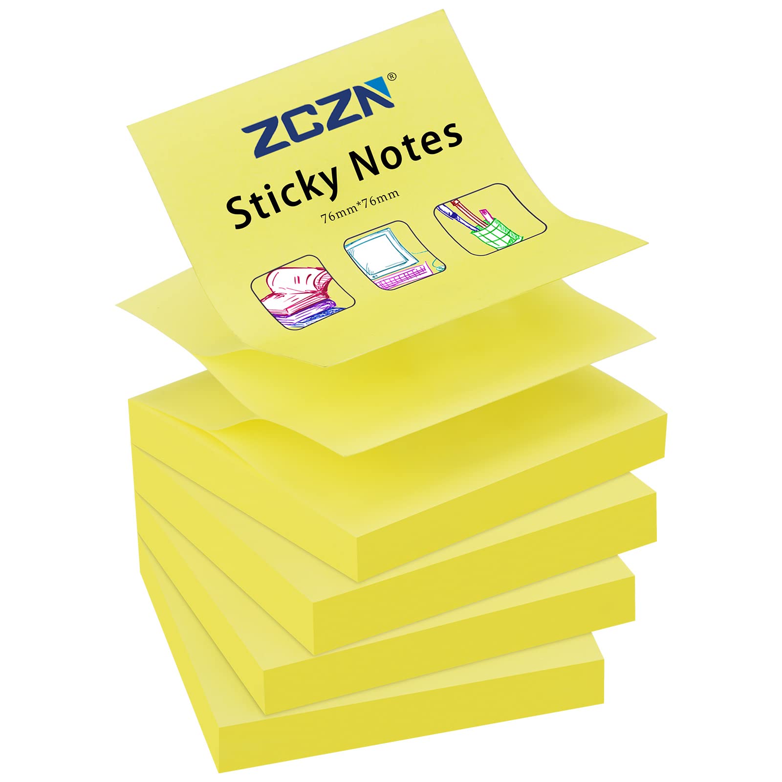 ZCZN Pop-up Sticky Notes 76 x 76 mm, 4 Pads Bright Colour Self-Stick Notes, 100 Sheets/Pad, Yellow