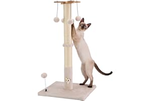 PAWSFANS Cat Scratching Post for Indoor Cats and Kittens,30inches Tall Sisal Scratch Posts with Four Hanging Ball Toys and Reinforce The Stable Base Beige