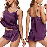 Ekouaer Silk Pajamas for Women Satin Cami Pjs Set V Neck Camisole Shorts Set Adjustable Strap Sleepwear